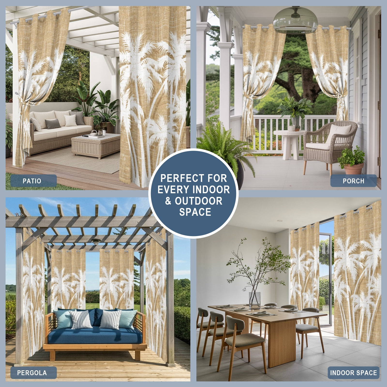 Palm Tree Outdoor Curtains for Patio, Tropical Plant Coastal Summer Khaki Sunshade Privacy Drapes Grommet Waterproof Outside Curtains for Porch/Cabana/Balcony 54"x 108", 1 Panel