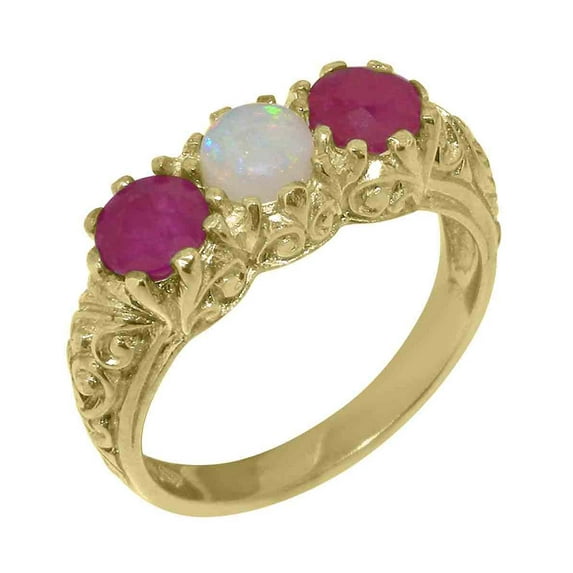 LBG British Made 10k Yellow Gold Ring with Natural Opal & Ruby Womens Anniversary Ring - 33 size options - Size 4