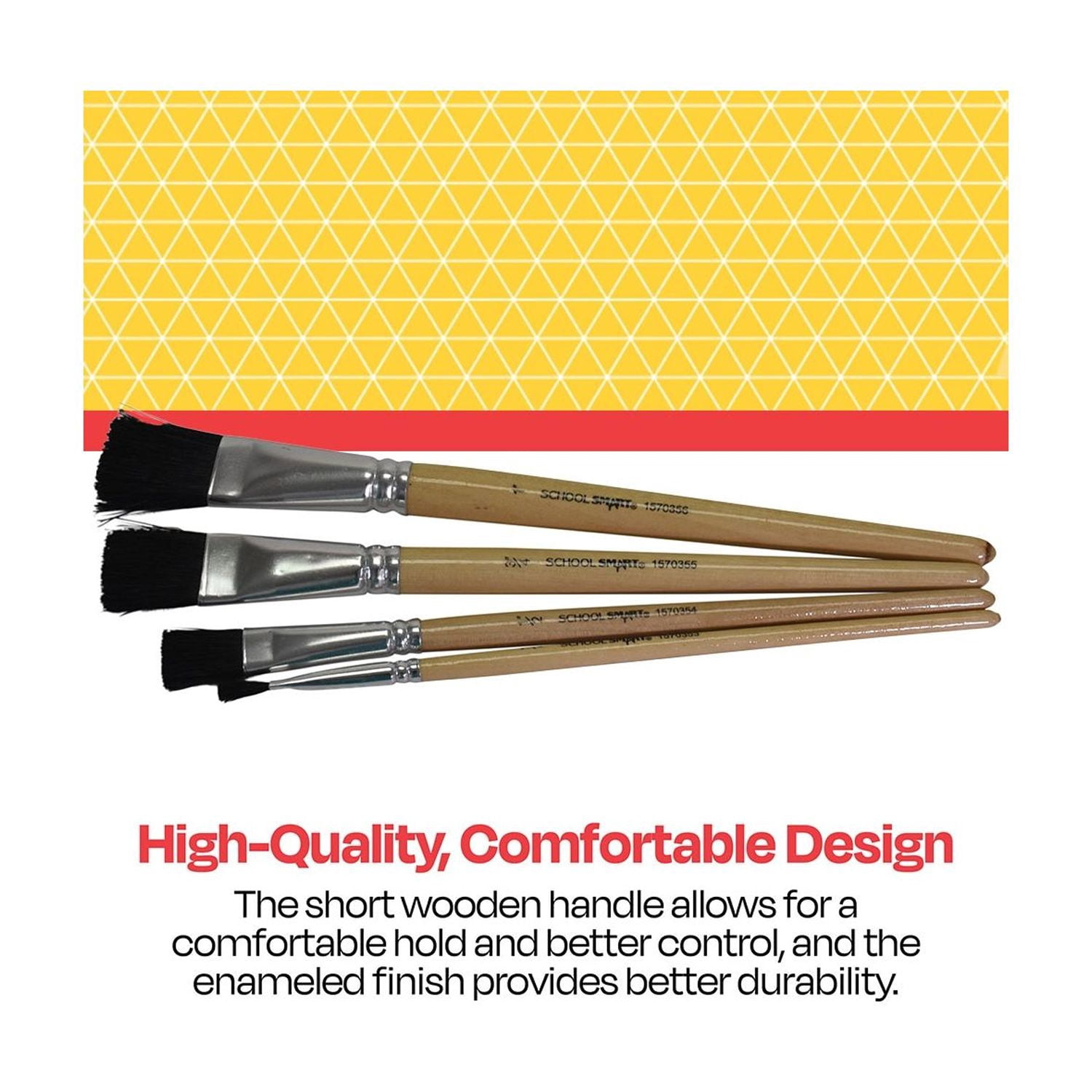 School Smart Interlocked Black Bristle Short Handle Paint Brush Set with Bucket, Assorted Size, Clear, Set of 72