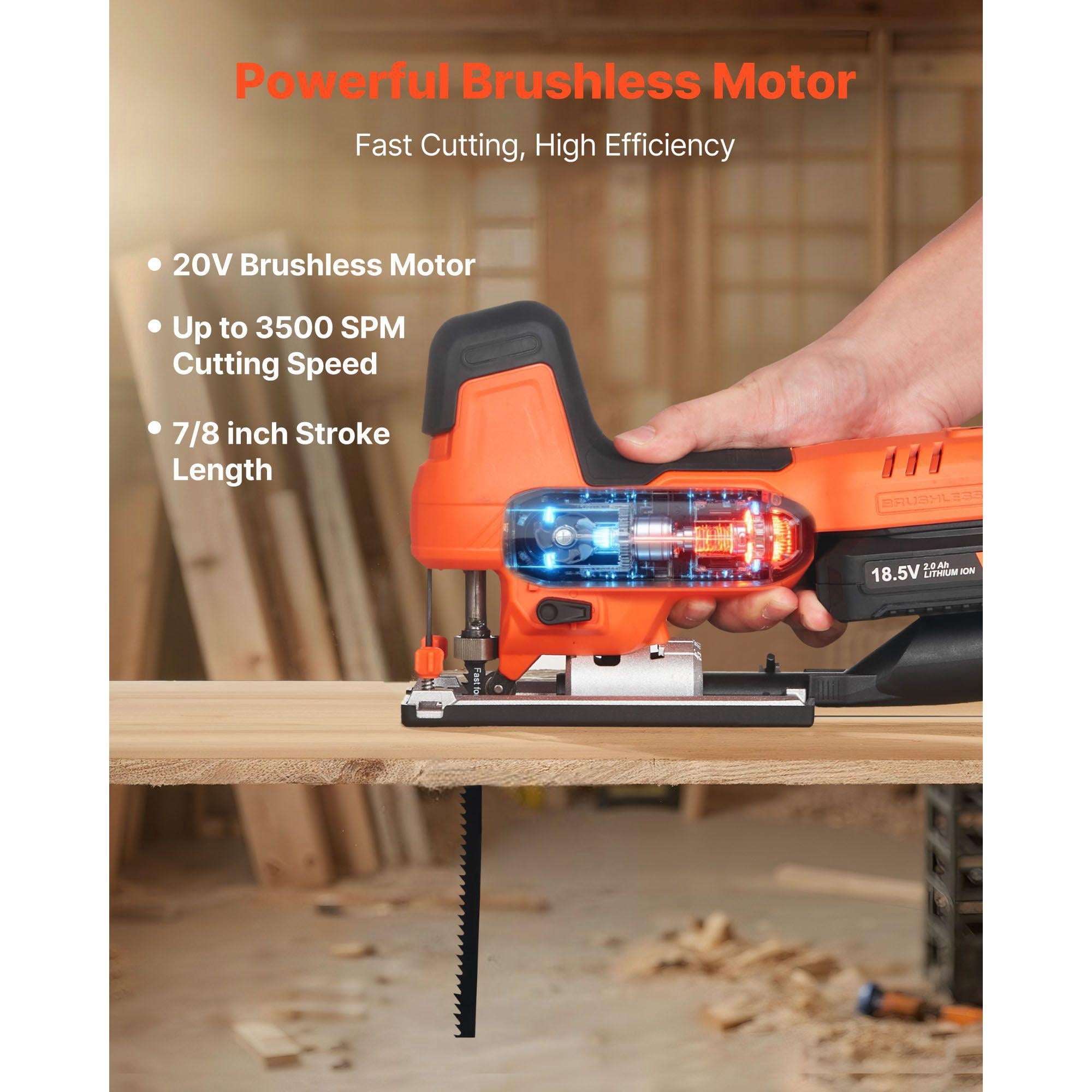20V Brushless Cordless Jigsaw 3500 SPM with 6 Blades LED Light 6 Speed 0-45 Degree Bevel 4 Orbital Settings for Straight Circle Cutting