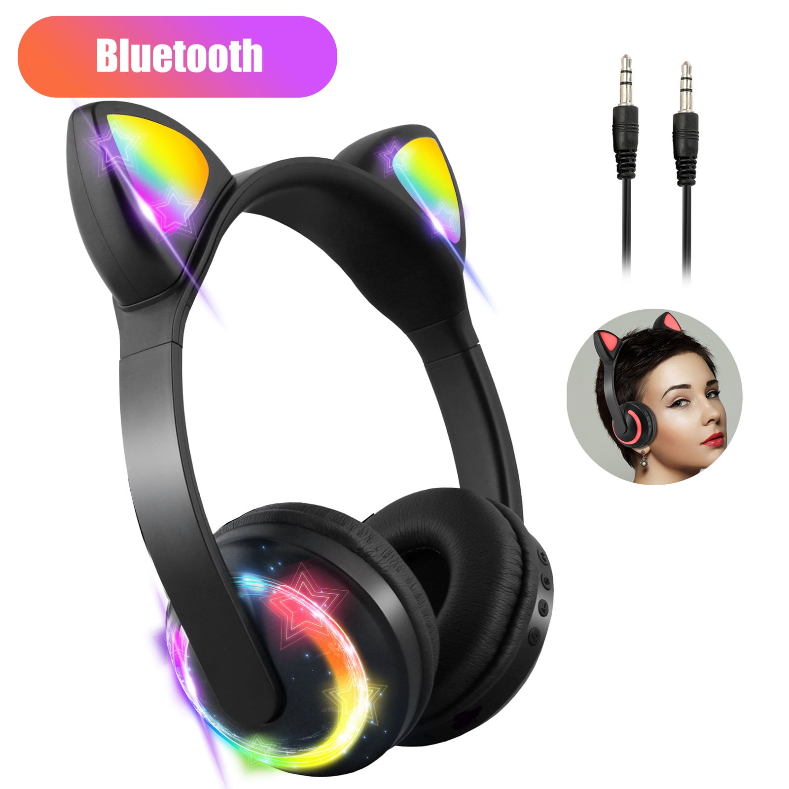 TSV Wireless Bluetooth Cat Ear Headphones with Mic, 7 Colors LED Light Flashing Glowing OnEar