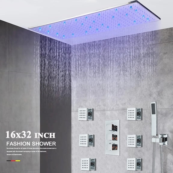 Chrome 16x32" Rain Shower Faucet Set Kit Thermostatic Massage System Combo Valve