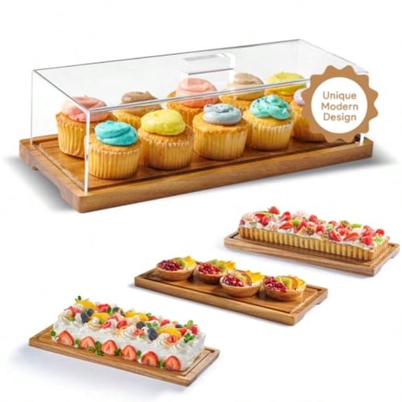 Cake Display With Lid Acacia Wood Dert Stand Wooden Charcuterie Board With Lid For Loaf Cakes Bread Pastries Cheese Large Rec Wood Tray Platter Acrylic Cover 15 X 6.25