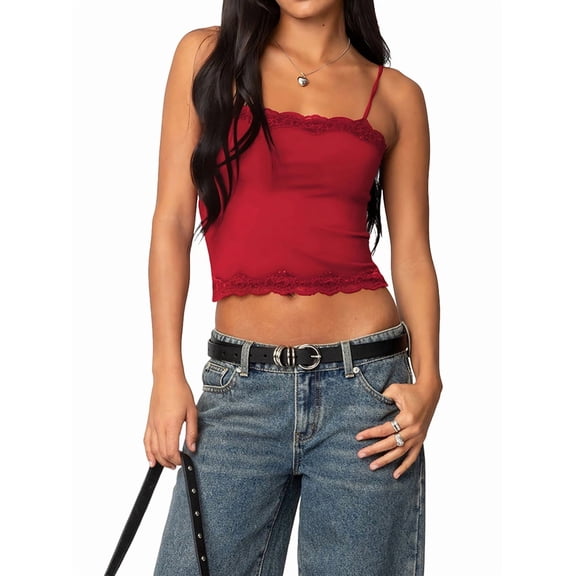 Tank Top for Women Adjustable Spaghetti Strap Camisole Cropped Lace Trim- Y2K Going Out Tops Summer Red M