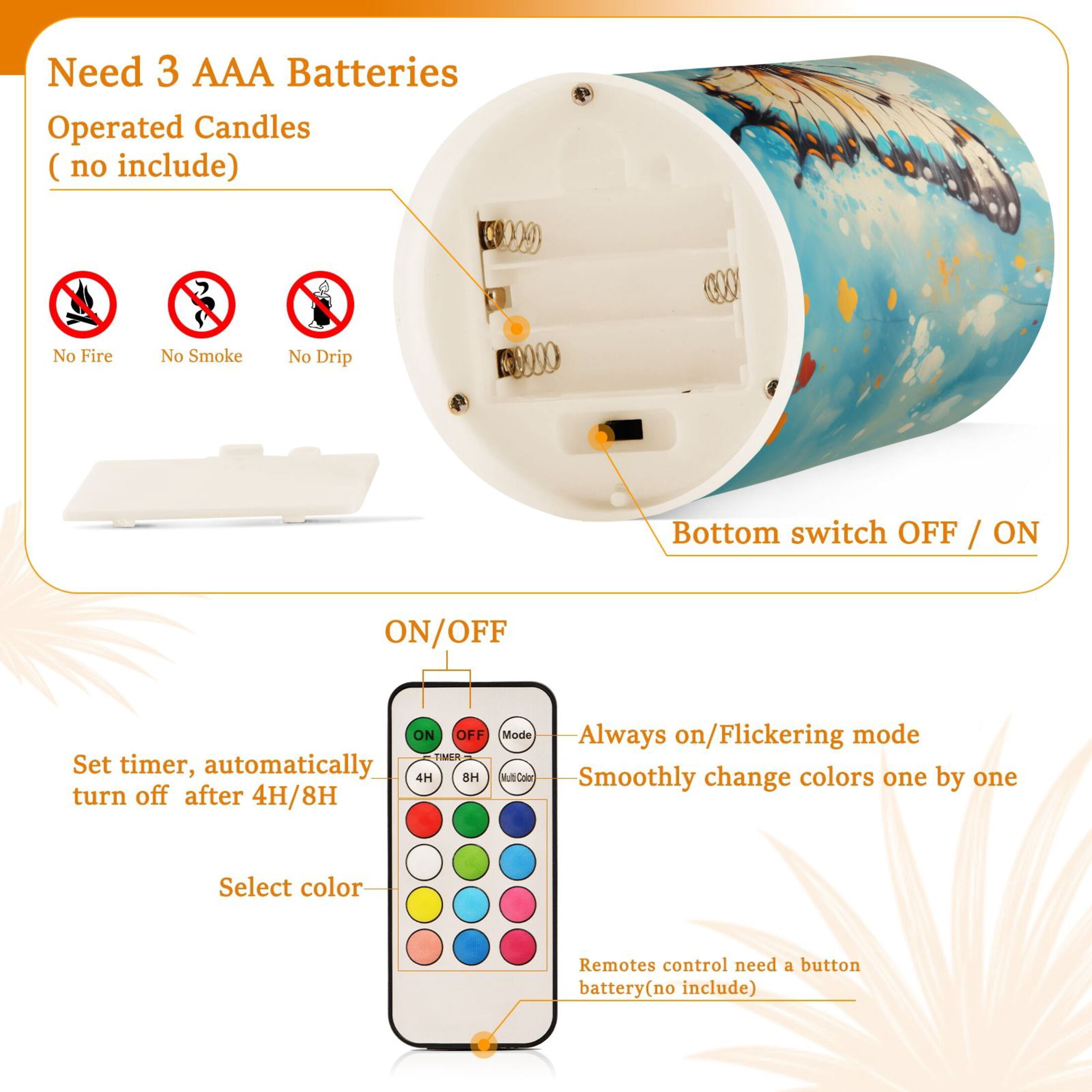 Butterfly Painting Flameless Candles&nbsp;LED Lights Battery Operated Candles with Remote and Timers Flicker Lights Votive Set of 2
