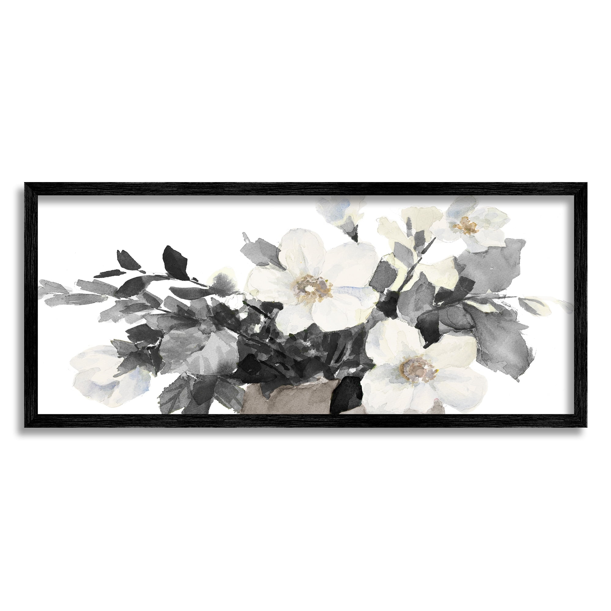 Stupell Industries Greyscale Spring Florals Blooming Soft Watercolor Flowers Botanical & Floral Painting Gray Framed Art Print Wall Art, 10 x 24