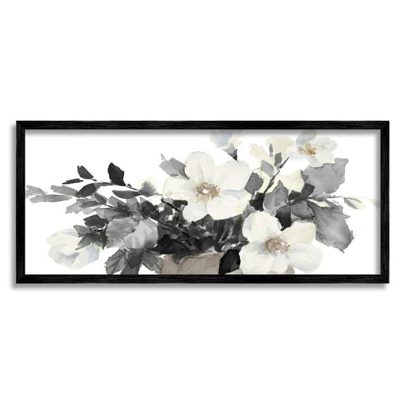 Stupell Industries Greyscale Spring Florals Blooming Soft Watercolor Flowers Botanical & Floral Painting Black Framed Art Print Wall Art, 10 x 24