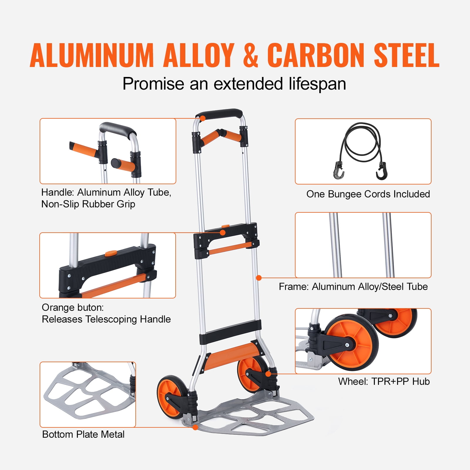 VEVOR Folding Hand Truck, 309 lbs Load Capacity, Aluminum Portable Cart, Convertible Hand Truck and Dolly with Telescoping Handle and PP+TPR Wheels, Ultra Lightweight Super Strong