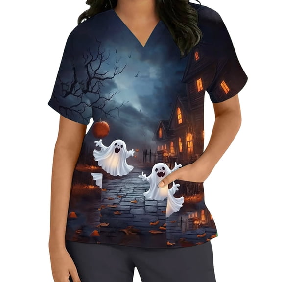 HOMBOM Womens Cute T Shirts Fall V Neck Halloween Lightweight Short Sleeve Daily Pullover for Women Summer Tops,XXXXXL