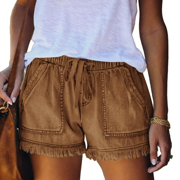 Dycnvjo Womens Roll Up Stretchy Denim Shorts Elastic Waist Drawstring Comfy Short Pants Khaki S