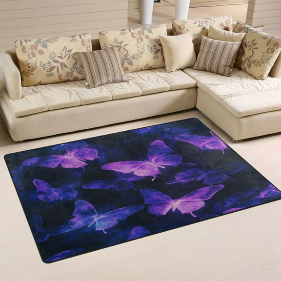 Non-Slip Area Rug 31"x20" Indoor Washable Floor Mats Carpet Printed for Living Room, Bedroom, Home Decor Purple Glowing Butterflies