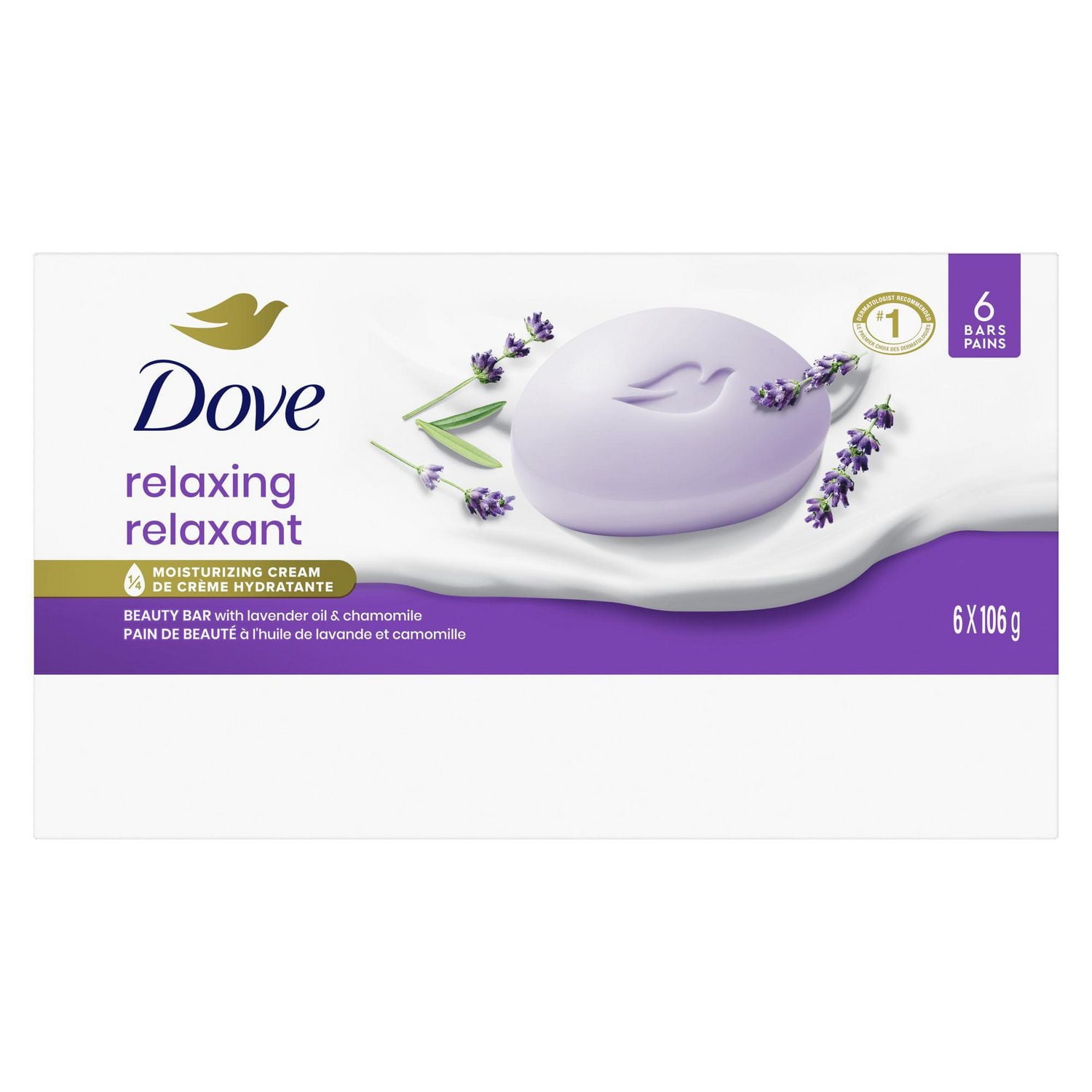Dove Beauty Bar Soap for moisturized Skin, Relaxing Lavender Oil & Chamomile Calms dry Skin, 106g (Pack of 6)