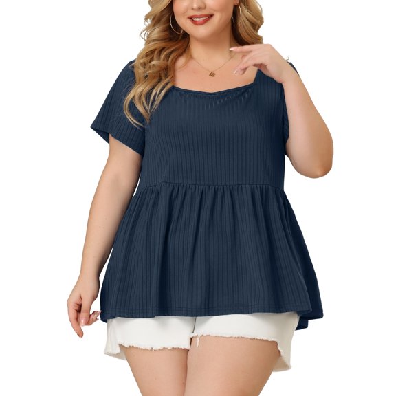 Unique Bargains Women's Plus T-Shirts Square Neck Peplum Summer Short Sleeve Tops 1X Navy Blue