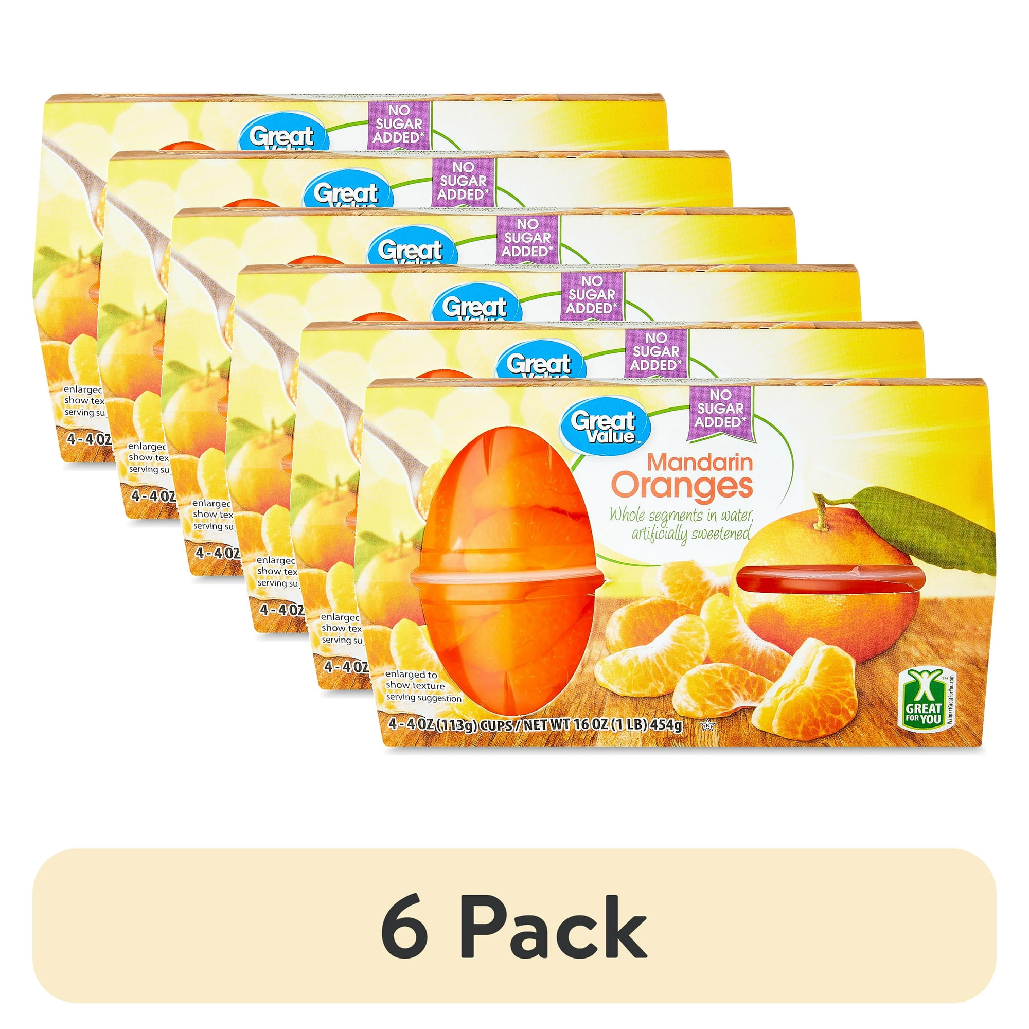 (6 pack) Great Value No Sugar Added Mandarin Oranges, 4 oz, 4 Count Cups