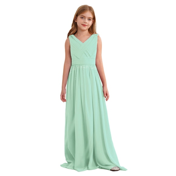 MSemis Kids Girls Sleeveless Chiffon Junior Bridesmaid Dresses V Neck Backless Wedding Flower Girl Dress Mint Green 6