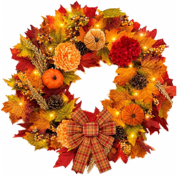 SLUMLOVE 24 in Lighted Fall Wreath for Front Door, Pumpkin Maple Leaf Decor with Plaid Bow