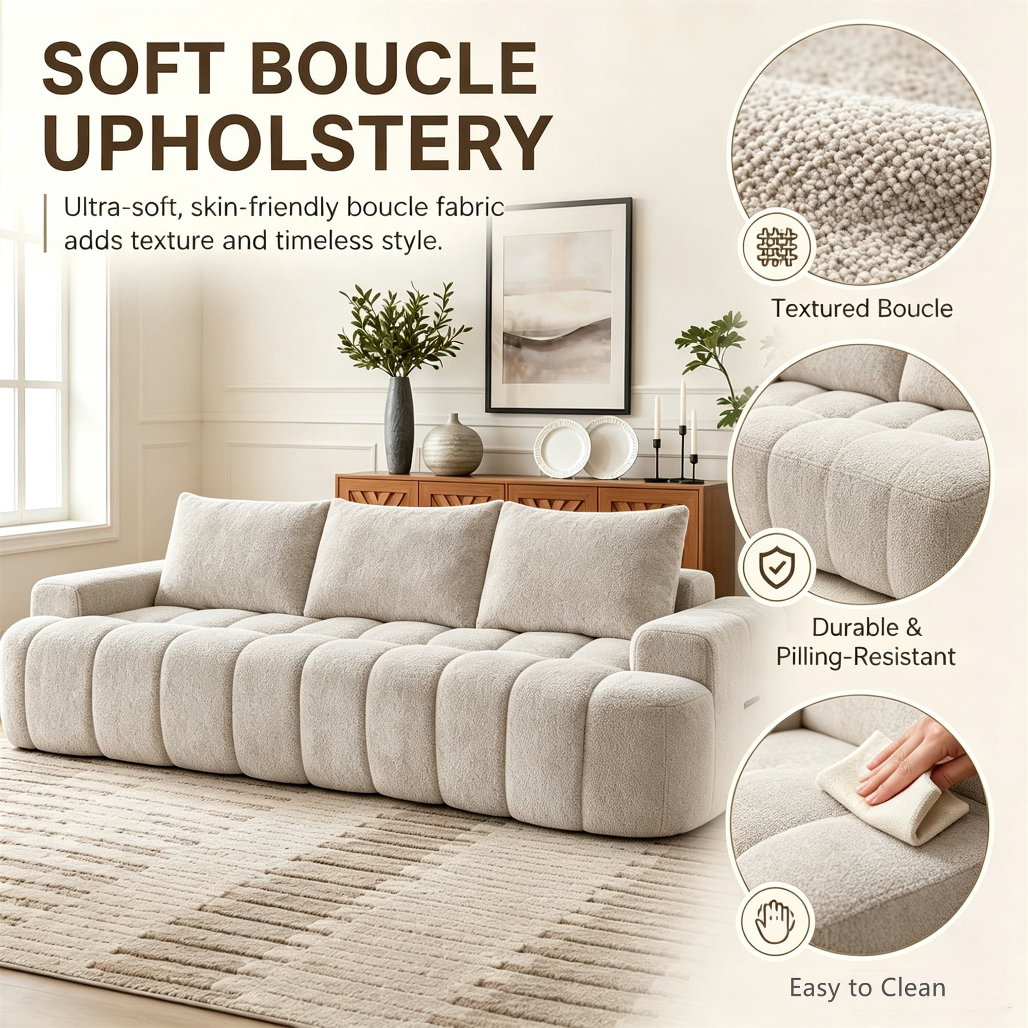 Aukfa 100" Oversized Boucle Cloud Sofa Deep Seat Boneless Couch with Curved Front for Living Room, Camel