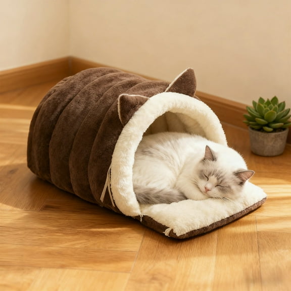 Washable Cat Bed, Warm Plush Non-Slip Semi-Enclosed Kitten Bed Cat Furniture, Pet Sleeping Bed for Cold Weather Indoor Living Room Home Decor for Cats and Small Dogs