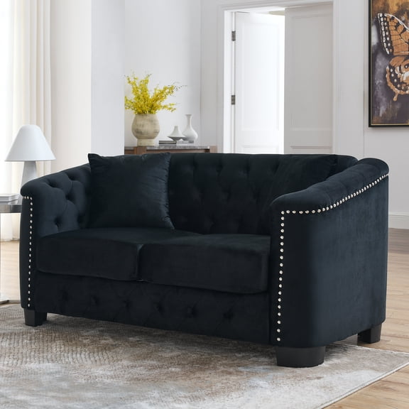 FFZ 59"L 59-Inch Chesterfield Velvet Sofa with Nailhead Arms and 2 Cushions, Black