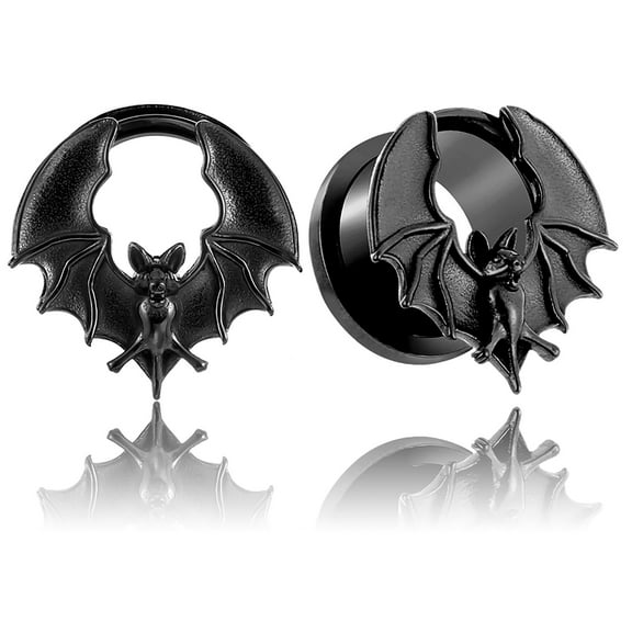LADEMAYH Cool Bat Surgical 316L Stainless Steel Ear Plugs Tunnels Gauges, Gothic Style Ear Expanders for Stretched Ears, Hypoallergenic Body Jewelry for Men & Women (2pcs Black, 08mm=0g)