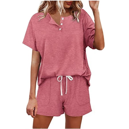 

Summer Savings Clearance Pajama Shorts Wenini Pajama Shorts for Women Women Casual Solid Short Sleeve Button Tops Nightwear Shorts Sleepwear Sets Shorts Pajama Set Pink XL