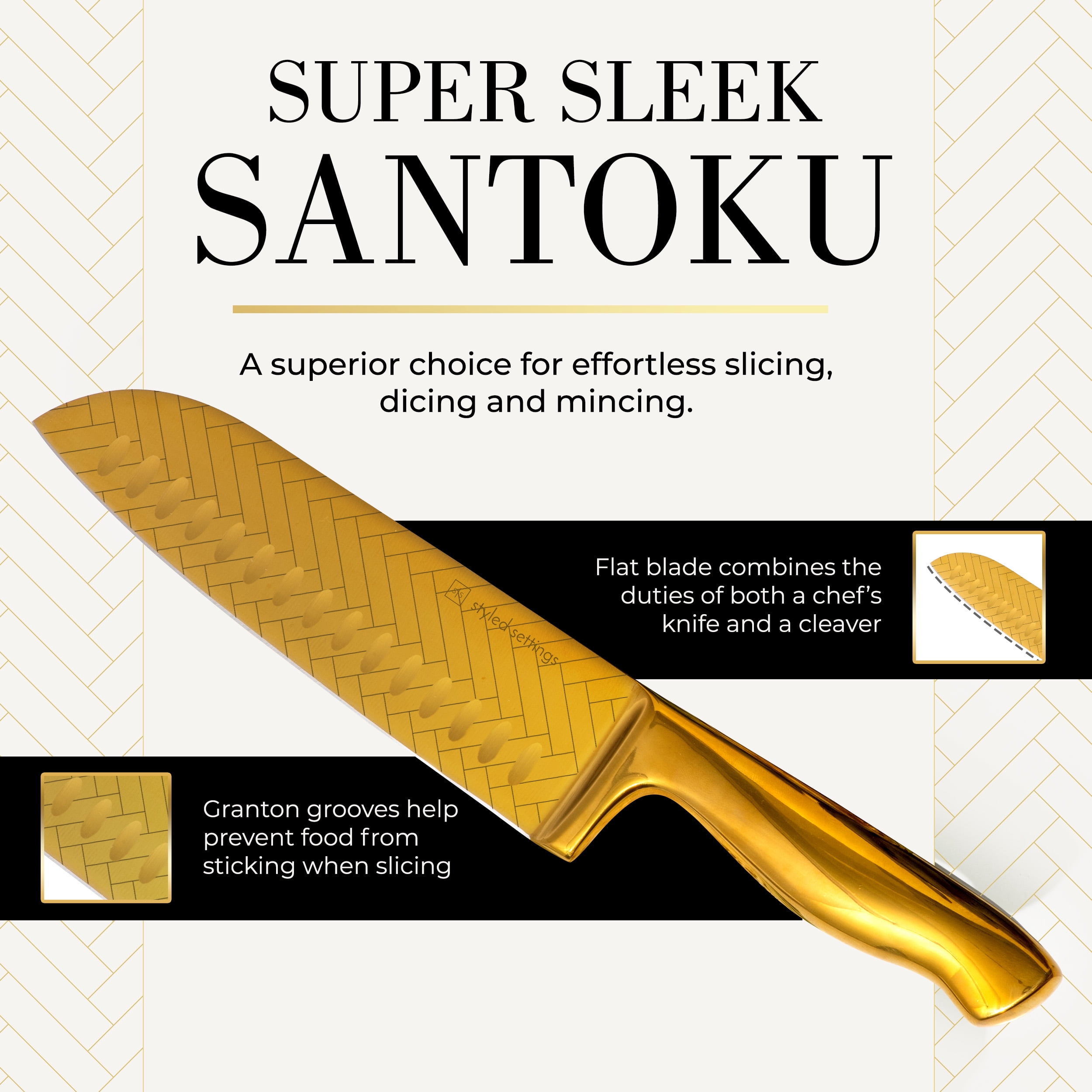 Styled Settings Gold Knife Set for Kitchen – 14-Piece Titanium-Coated Blades with Etched Leaves Pattern, Ultra-Sharp Stainless Steel, Durable & Stylish Kitchen Knife Block Set
