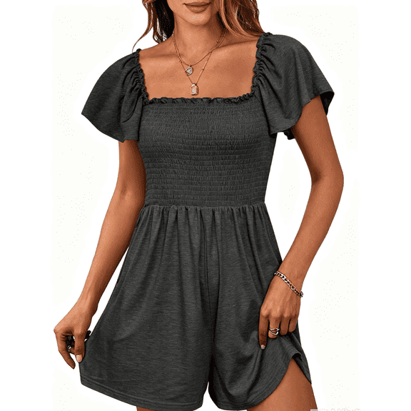 Women Square Neck Flutter Short Sleeve Smocked Romper with Pockets