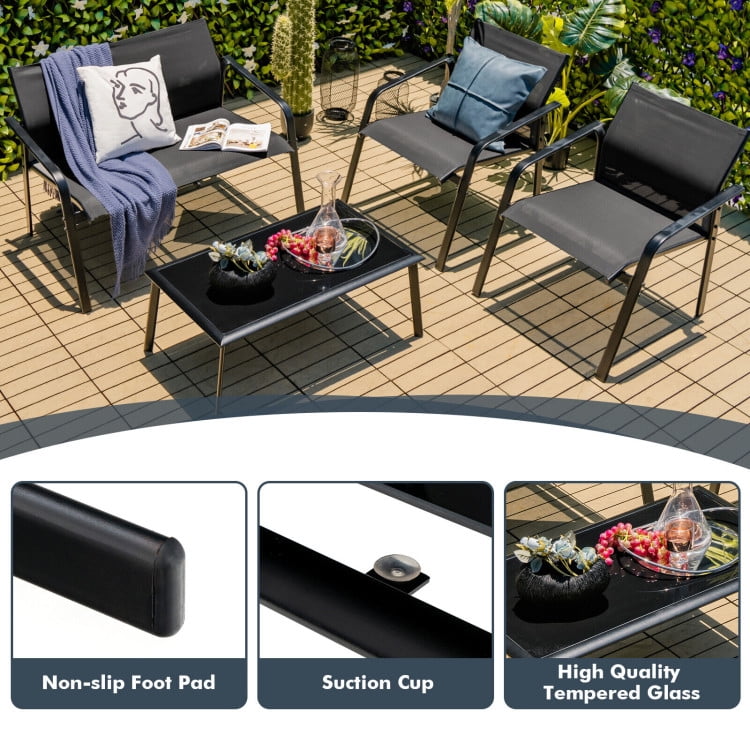 Aimee Lii 4 Pieces Patio Furniture Set with Glass Table Deck, Patio Conversation Sets for Backyard and Poolside, Black Aimee Lii 4 Pieces Patio Furniture Set with Glass Table Deck, Patio Conversation Sets for Backyard and Poolside, Black
