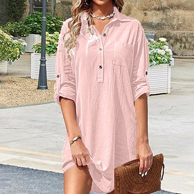 Pisexur Robe à Manches Longues Col Rabattu Mode Robe Décontractée à Manches Longues pour Femmes en Solde