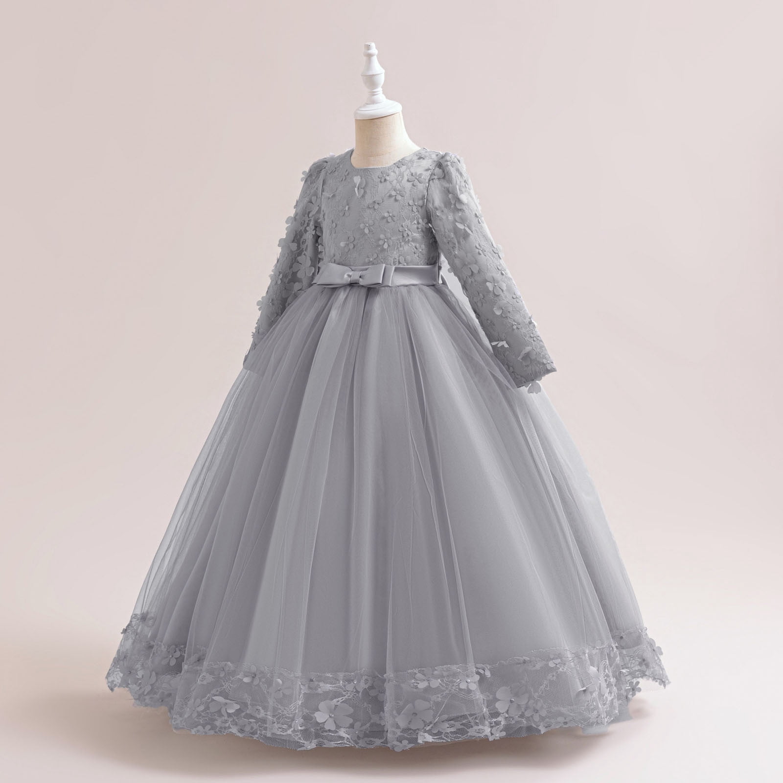 JSGEK Girls Flower Vintage Floral Lace 3/4 Sleeves Floor Length Dress Wedding Party Evening Formal Pegeant Dance Gown Gray 7-8Years