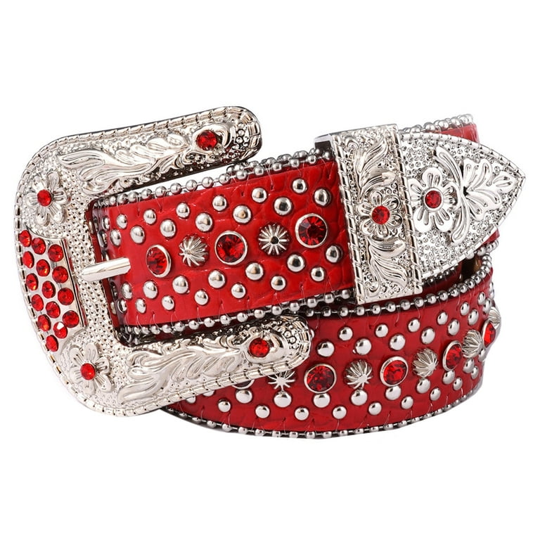Red Diamond Bling PU Leather Belts Luxury Crystal Waist Designer