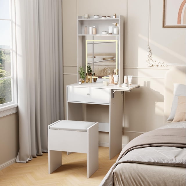 QinaQin Small Vanity Table with a Smart Led Mirror, Power Outlet, and Storage Chair, Featuring a Folding Panel and Open Shelving, Suitable for Bedroom, White