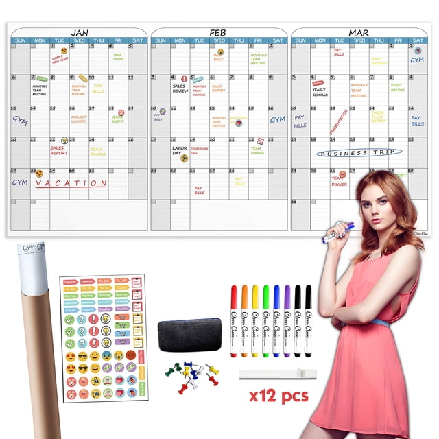 CLEVER CLEAN Grand Calendrier Mural Effaçable à Sec - 36"x72 Pouces Calendrier Non Daté de 3 Mois pour Projets à Domicile, École, Bureau - Jumbo Réutilisable