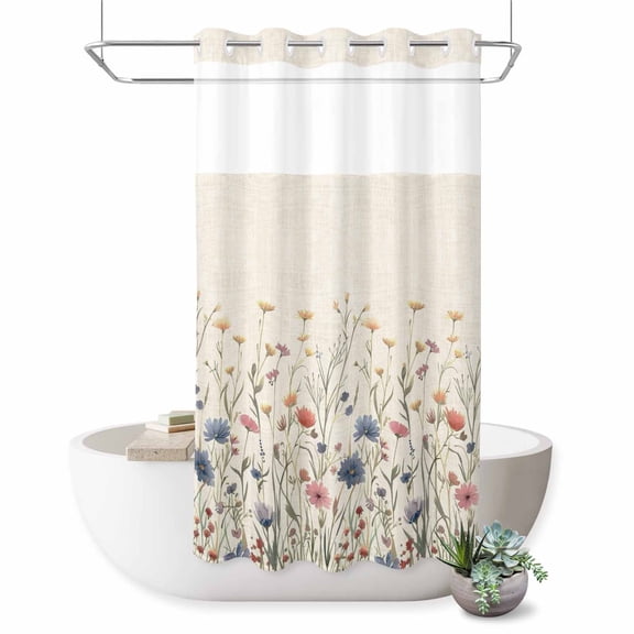 Small Stall No Hook Shower Curtains Spring Floral Waterproof Fabric Shower Curtain Set Watercolor Rustic Summer Botanical Bath Curtains for Bathroom Decor with See Through Mesh Top Window 36x72 Inch