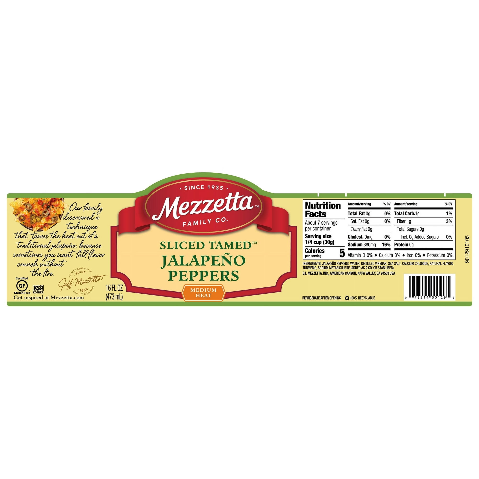 Pack of 6, Mezzetta Sliced Tamed Medium Heat Jalapeño Peppers, 16 oz
