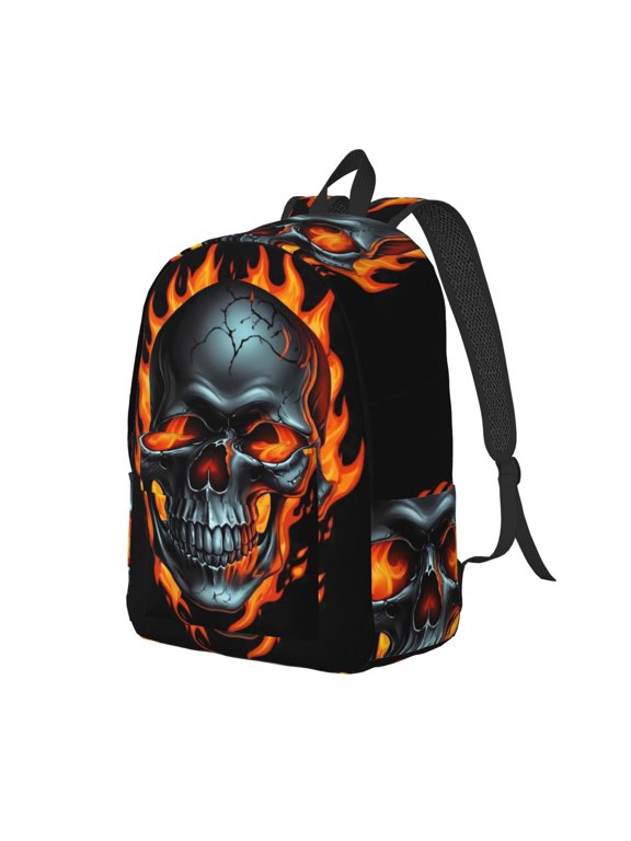 Xecao Flame Metal Skull Canvas College Laptop Backpack, a durable rucksack designed for both men and women, ideal for travel, school, and daily use-Small