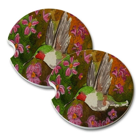Hummingbird Coaster - KuzmarK Sandstone Car Drink Coaster (set of 2) - Ruby-Throated Hummingbird with Pink Clematis Bird Art by Denise Every
