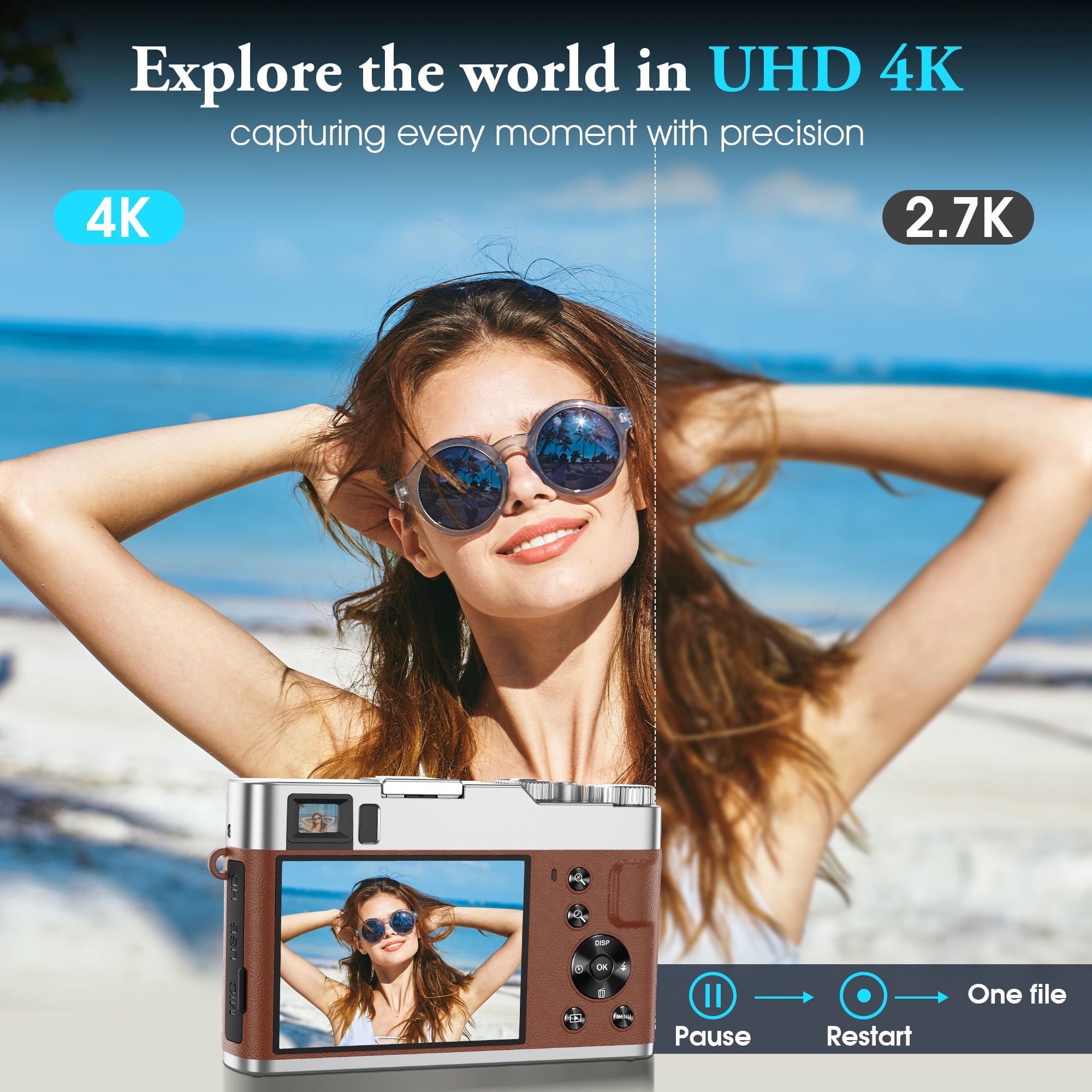 Digital Camera 4K Autofocus Anti-Shake 16X Zoom 48MP Compact Point and Shoot Digital Camera with 32GB Micro Card, Brown