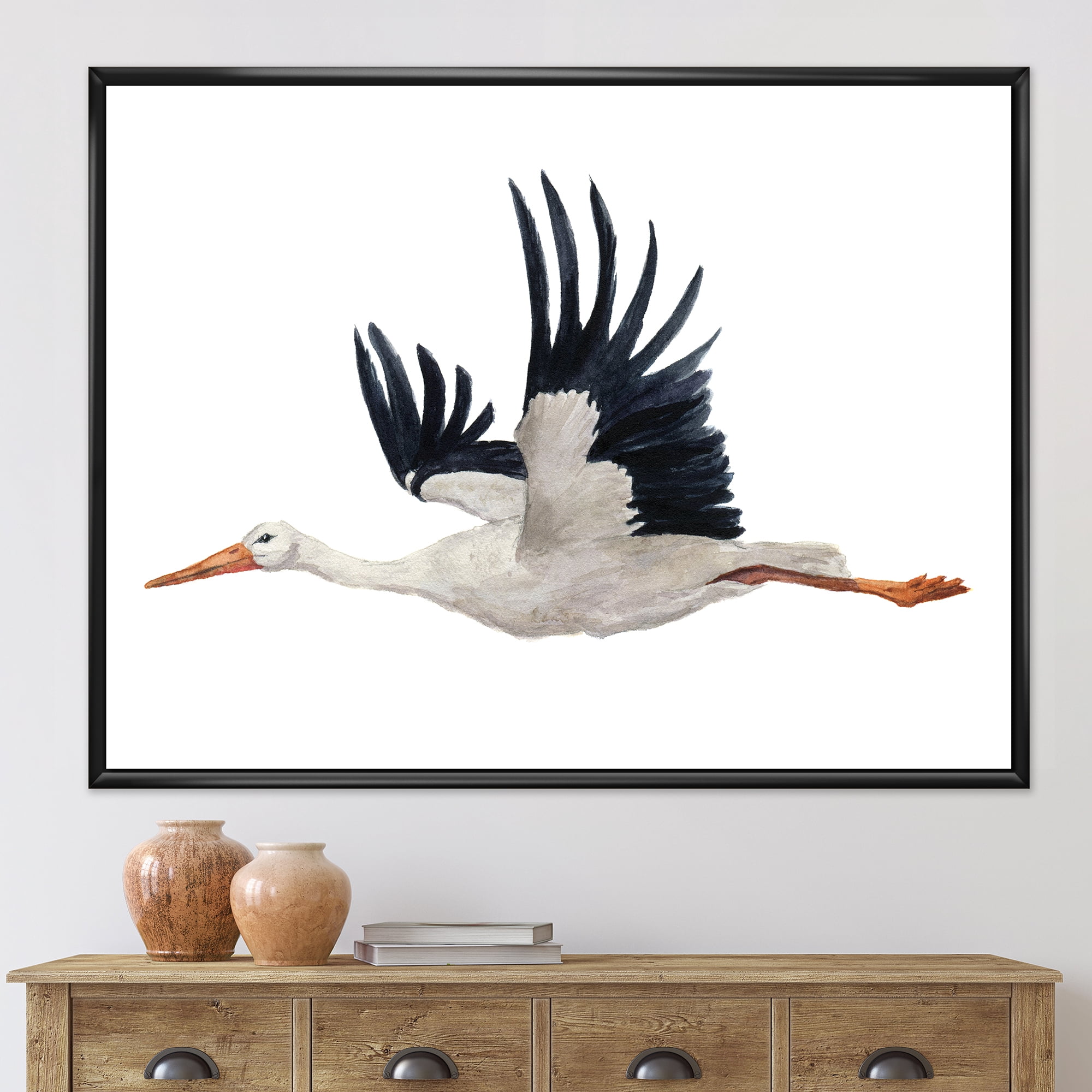 Designart 'White Stork Ciconia Flying Bird ' Traditional Framed Canvas Wall Art Print
