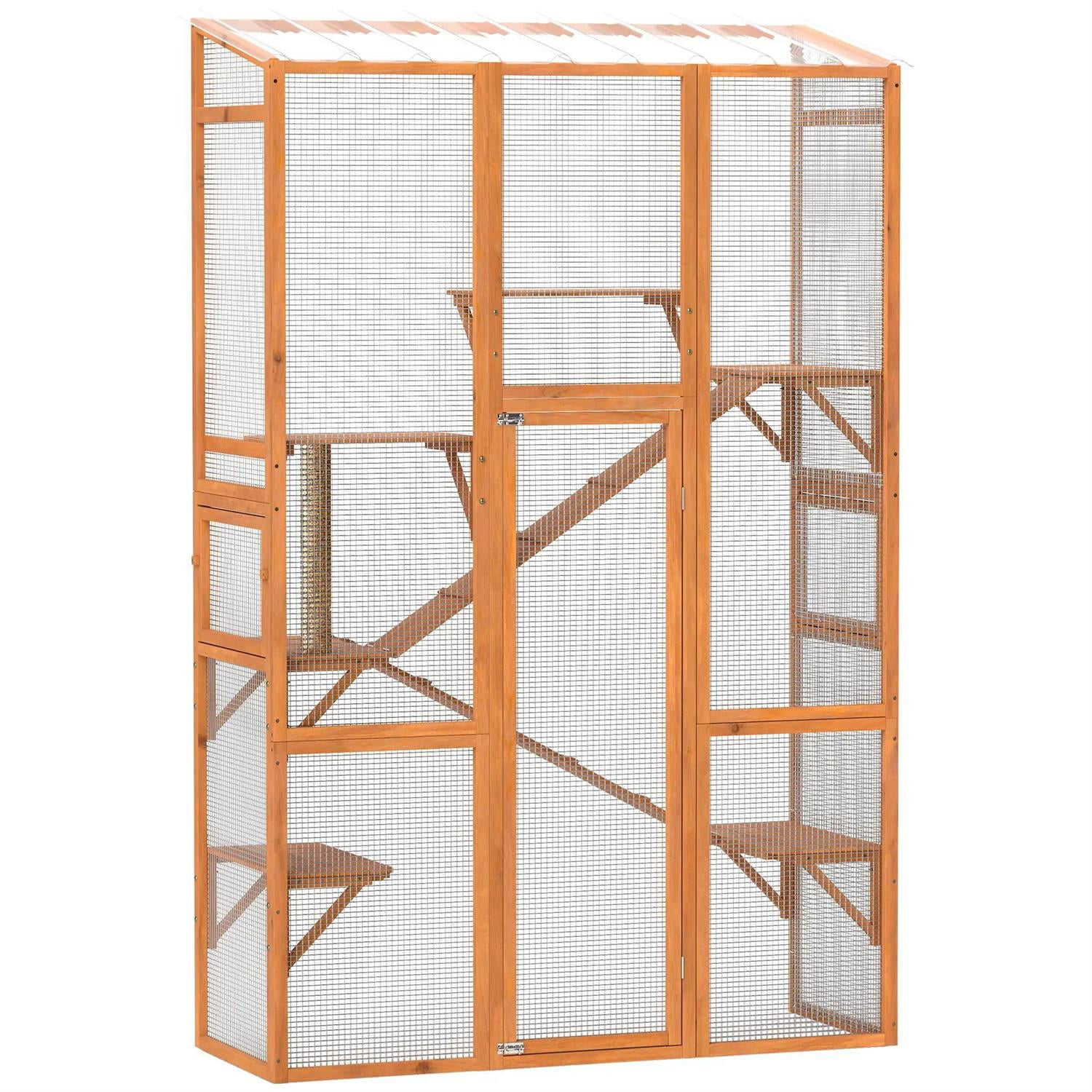 Pefilos 99" Outdoor Weatherproof Cat Cage with 6 Jumping Platforms, Scratching Post, 2 Ramps, Wooden Feral House for 2-3 Kittens Cats, Orange