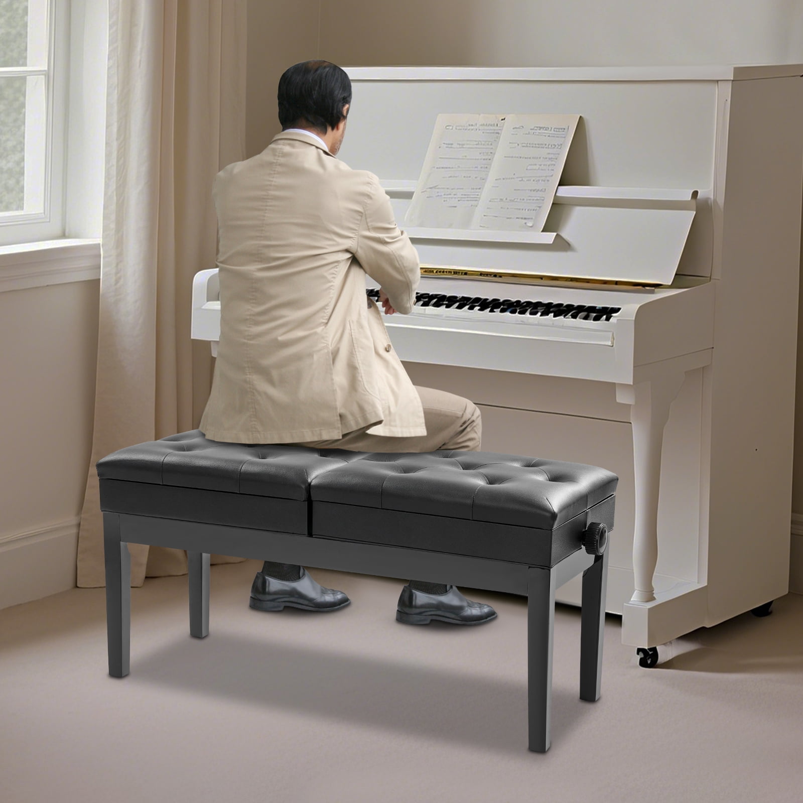Floorstanding Double Seater Piano Bench, Adjustable Duet Piano Bench with Storage Box for Homes, Schools