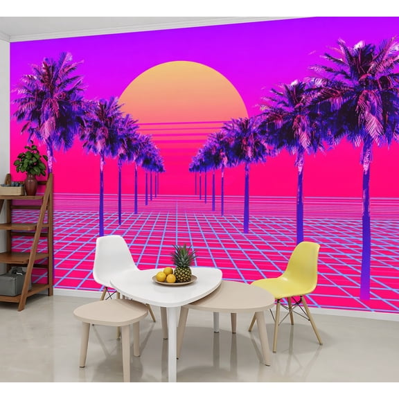 Wallpaper Retrowave sun palm trees 19s style Peel and Stick Wall Murals 69"H x 96"W Removable PVC Wall Paper Self-Adhesive Wall Paintings Art Decor for Bedroom Living Room