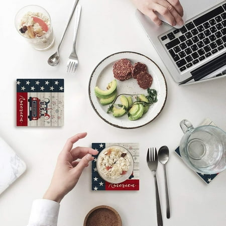 

FMSHPON Land of Love Independence Day Gnomes Vintage Pickup Truck American Flag Retro Car Set of 8 Coaster Drinks Absorbent Ceramic Stone Coasters Cup Mat Cork Base Coffee Table Bar Decor