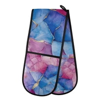 Yayeee Double Oven Mitt Kitchen Heat Resistant Baking 35" x7" Quilted Glove, Watercolor Blue Marble Pattern