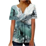 Yyeselk Womens Summer Tunic Tops Fashion 2023 Short Sleeves Button up V-Neck Shirts Comfy Trendy Elegant Floral Print Ladies Flowy Blouses Mint Green XL