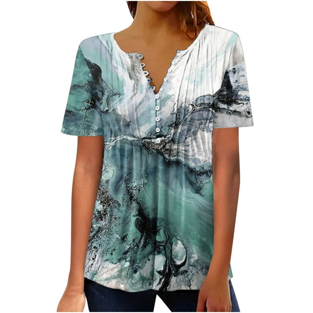 Hauts d'Été pour Femmes Aguichant Femmes Été Aguichant Plissé Imprimé Régulier Femmes Manches Courtes Col en V Boutons Hauts Blouse Femmes Manches Courtes Blouses Aguichant Hauts d'Été pour Femmes
