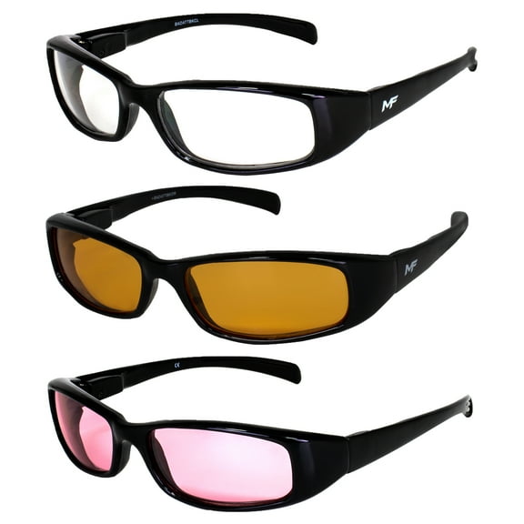 3 Pairs of MF Eyewear Bad Attitude Motorcycle Glasses Shatterproof Polycarbonate Black Frame UV400 Filter, Scratch-Resistant Motorcycle Riding Glasses Clear, Orange & Rose Lenses