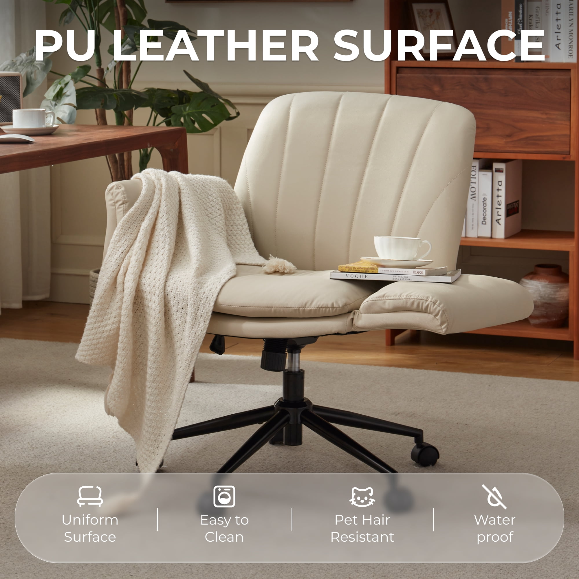 GOOSEA Adult PU Leather Criss Cross Indoor Makeup and Gaming Swivel and Adjustable Arms Office Chairs, Brown