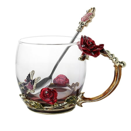 

Enamel Coffee Tea Cup Mug 3D Rose Butterfly Glass Cups Wedding Gift Coffee Tea Water Milk Juice Rose Glass Cup Exquisite Beautiful 3D Rose Butterfly Glass With Spoon