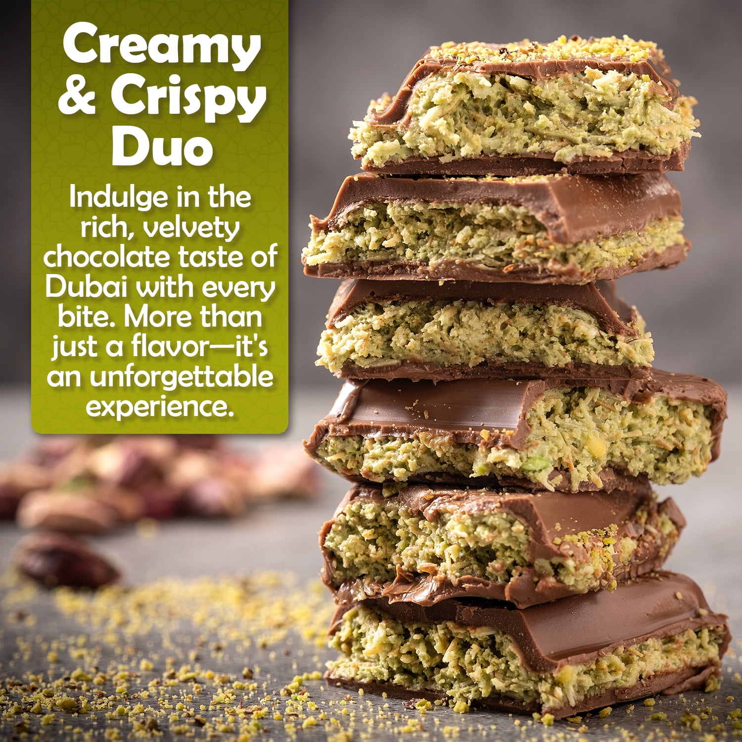 Ceres Gourmet Pistachio Chocolate Bar 7 oz – Crispy Kunafe with Pistachio Paste, Contains Hazelnuts & Milk